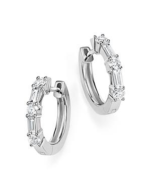 Diamond Round And Baguette Small Hoop Earrings In 14k White Gold, .50 Ct. T.w.