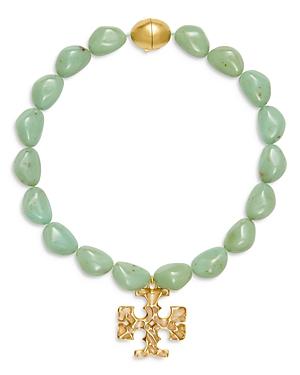 Tory Burch Roxanne Swirled Mint Beaded Logo Statement Necklace In Gold Tone, 15