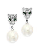 Bloomingdale's Freshwater Pearl, Diamond, & Emerald Panther Drop Earrings In 14k White Gold