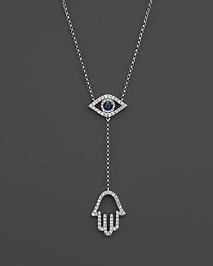 Sapphire And Diamond Evil Eye Hamsa Y Necklace In 14k White Gold, 16