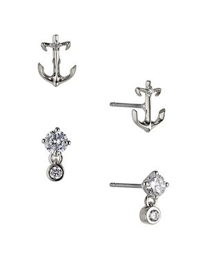Ajoa By Nadri Vacay Anchor & Cubic Zirconia Stud Earrings In Rhodium Plated, Set Of 2