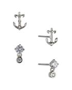 Ajoa By Nadri Vacay Anchor & Cubic Zirconia Stud Earrings In Rhodium Plated, Set Of 2