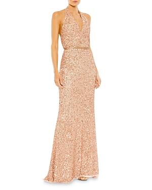 Mac Duggal Metallic Sequined Open Back Gown