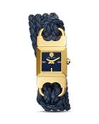 Tory Burch Double T-link Gold-tone & Navy Leather Strap Watch, 18mm X 18mm
