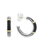 Lagos Black Caviar Ceramic 18k Gold And Sterling Silver 2 Station Hoop Earrings