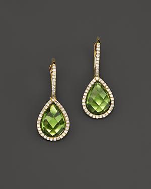 Peridot And Diamond Drop Earrings In 14k Yellow Gold