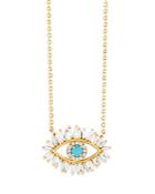 Suzanne Kalan 18k Yellow Gold Fireworks Turquoise & Diamond Baguette Evil Eye Pendant Necklace, 16-18