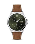 Hugo #lead Green Dial & Brown Leather Strap Watch, 42mm