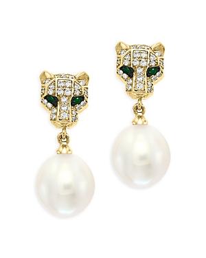 Bloomingdale's Freshwater Pearl, Diamond, & Emerald Panther Drop Earrings In 14k Yellow Gold - 100% Exclusive