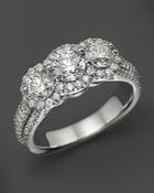 Halo Diamond 3-stone Ring In 14k White Gold, 2.0 Ct.tw.