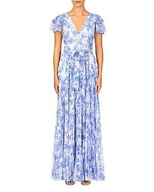 Ml Monique Lhuillier Flutter Sleeve Pleated Chiffon Maxi Dress