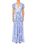 Ml Monique Lhuillier Flutter Sleeve Pleated Chiffon Maxi Dress