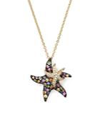 Multi Sapphire And Diamond Starfish Pendant Necklace In 14k Yellow Gold, 17