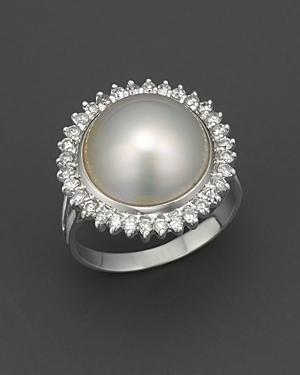 Cultured Mabe Pearl Ring With Diamonds In 14k White Gold, 12mm