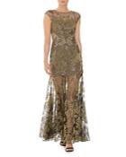 Halston Metallic Embroidered Lace Evening Gown