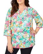 Foxcroft Plus Heather Abstract Tropical Print Top