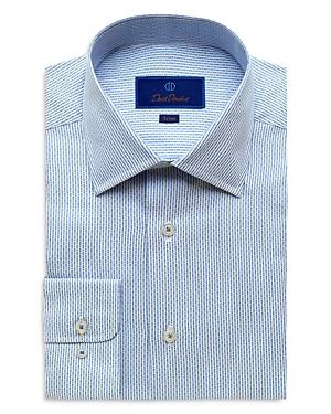 David Donahue Blue And White Textured Twill Stripe Print Dress Shirt