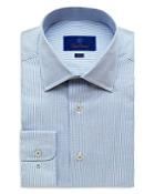 David Donahue Blue And White Textured Twill Stripe Print Dress Shirt