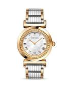 Versace Vanity Two Tone Round Stainless Steel And Rose Gold Pvd Watch With Silver Sunray Dial, 35mm