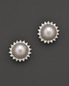 Cultured Pearl Earrings With Diamonds, 6.5-7mm