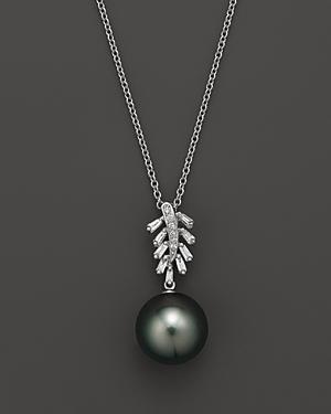 Cultured Tahitian Pearl Pendant Necklace With Diamonds And Baguettes In 14k White Gold, 16