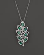 Emerald And Diamond Leaf Pendant Necklace In 14k White Gold, 18