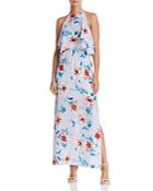 Aqua Floral-print Halter Maxi Dress