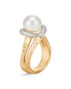 John Hardy 18k Yellow Gold Bamboo Pave Diamond And Cultured Freshwater Pearl Ring