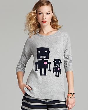 Aqua Cashmere Sweater - Heart Robots Drop Shoulder