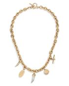 Allsaints White Howlite Horn Multi Charm Necklace In Gold Tone, 17