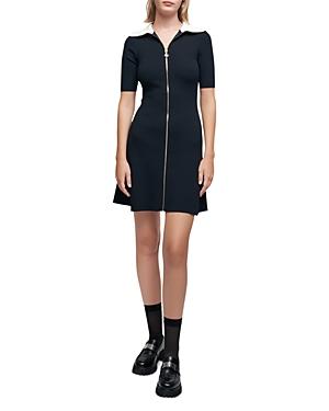 Maje Contrast Collar Zip Front Ribbed Mini Dress