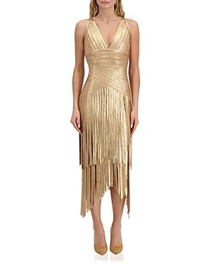 Herve Leger Deep V Layered Foil Fringe Bodycon Dress