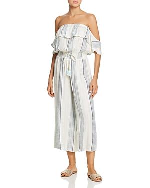 Surf Gypsy Metallic Striped Ruffle Off-the-shoulder Jumpsuit Swim Cover-up