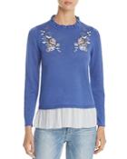 Design History Floral Embroidered Ruffle Sweater