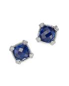 Judith Ripka Sterling Silver Cushion Stud Earrings With White Sapphire And Blue Corundum