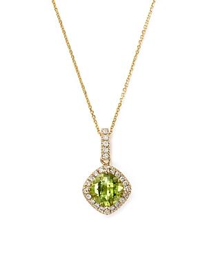 Peridot Cushion Cut And Diamond Pendant Necklace In 14k Yellow Gold, 16