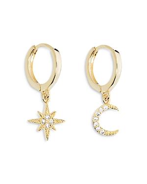 Aqua Pave Star & Moon Charm Mismatch Huggie Hoop Earrings In 18k Gold Plate - 100% Exclusive