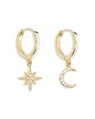 Aqua Pave Star & Moon Charm Mismatch Huggie Hoop Earrings In 18k Gold Plate - 100% Exclusive