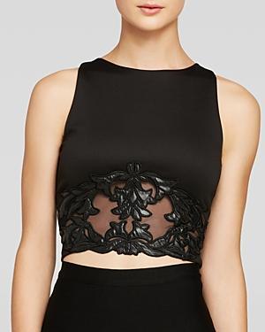 Aqua Crop Top - Faux Leather Lace Applique Scuba