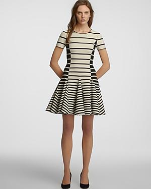 Halston Heritage Flare Skirt Stripe Dress - Short Sleeve