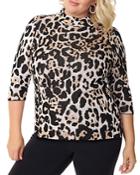 Belldini Plus Leopard-jacquard Mock-neck Sweater