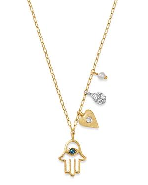 Meira T 14k Yellow Gold & 14k White Gold Diamond & Freshwater Seed Pearl Hamsa & Heart Charm Adjustable Pendant Necklace, 18