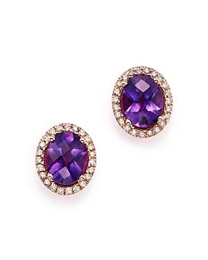 Amethyst Oval And Diamond Earrings In 14k Rose Gold