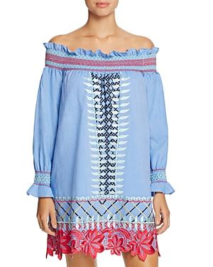Red Carter Monroe Embroidered Chambray Off-the-shoulder Dress Swim Cover Up