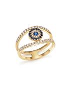 Diamond And Sapphire Evil Eye Ring In 14k Yellow Gold