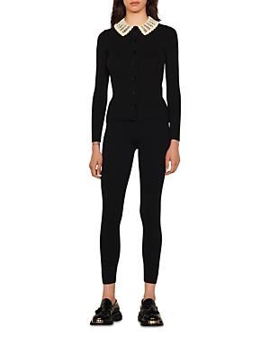 Sandro Joie Crochet Collar Ribbed Cardigan