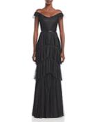 Marchesa Notte Lace Tiered Off-the-shoulder Gown