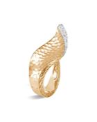 John Hardy 18k Yellow Gold Classic Chain Hammered Pave Diamond Wave Ring