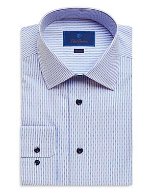 David Donahue White & Blue Stripe With Dobby Trim Fit Dress Shirt
