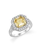Judith Ripka Sterling Silver Asscher Canary Crystal Ring With White Sapphire